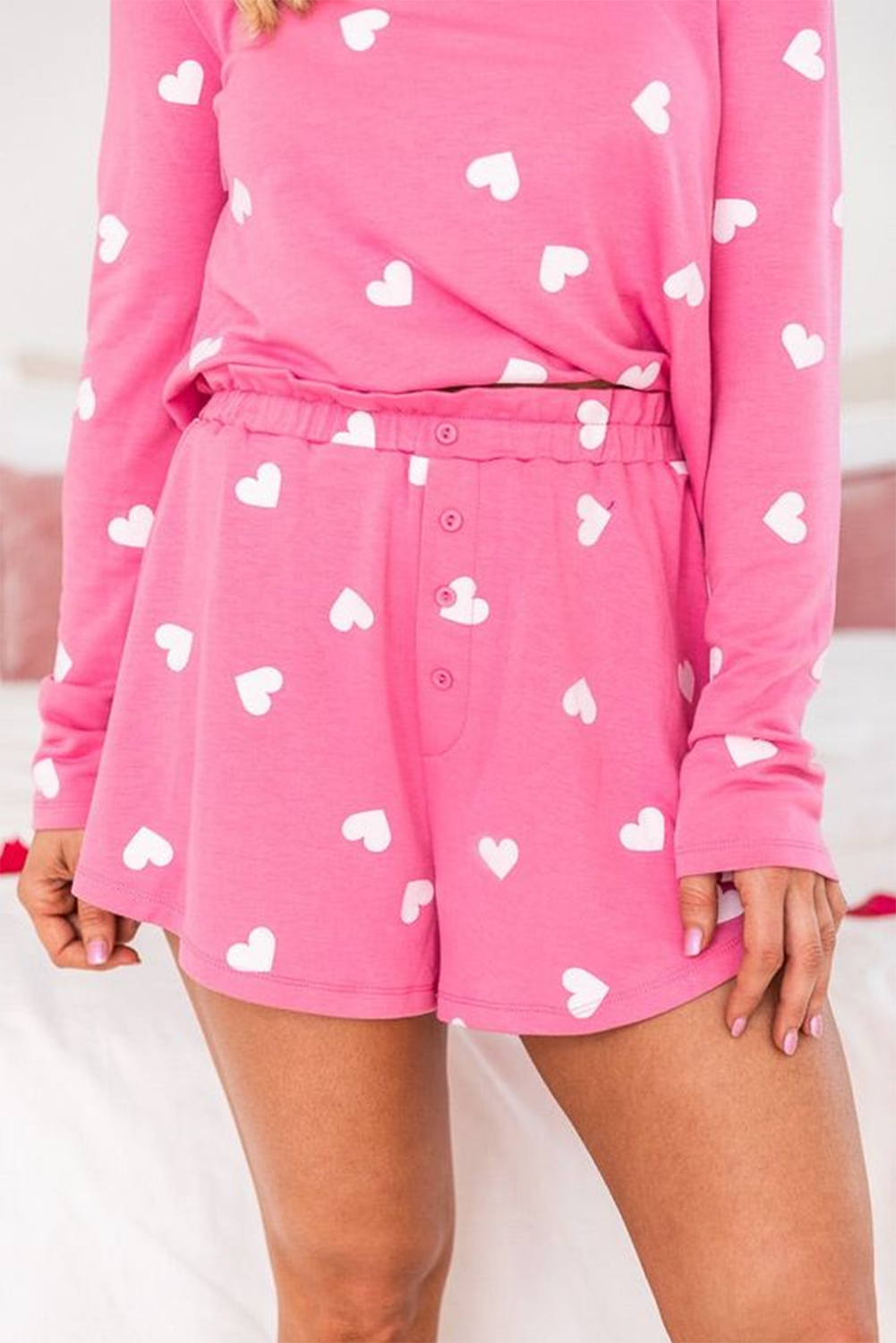 Pink Valentine Heart Print Long Sleeve Tee and Shorts Lounge Set