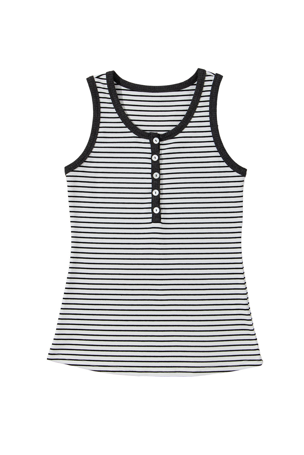 White Stripe Ribbed Knit Buttoned U Neck Tank Top