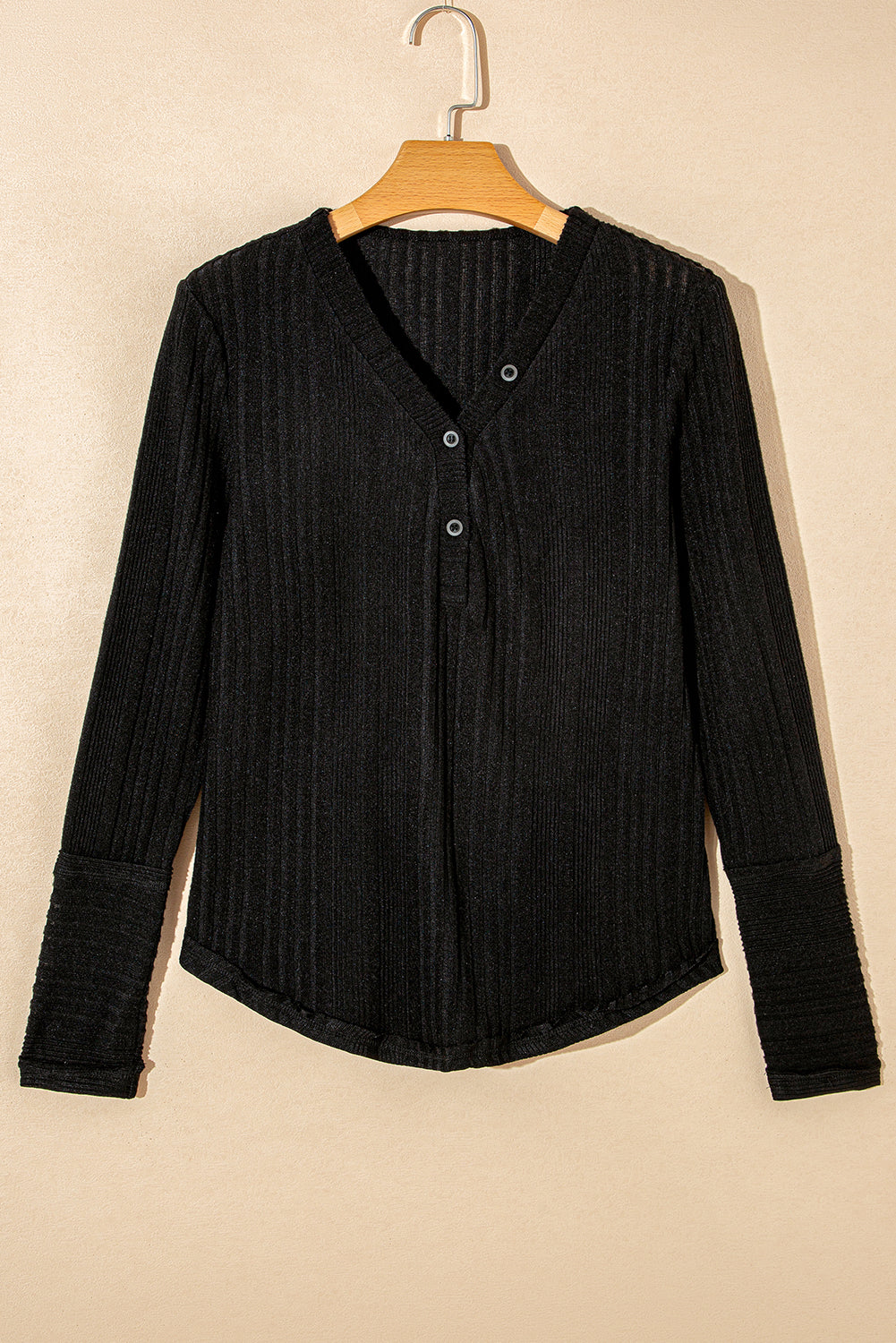 Black V Neck Buttoned Ribbed Knit Top