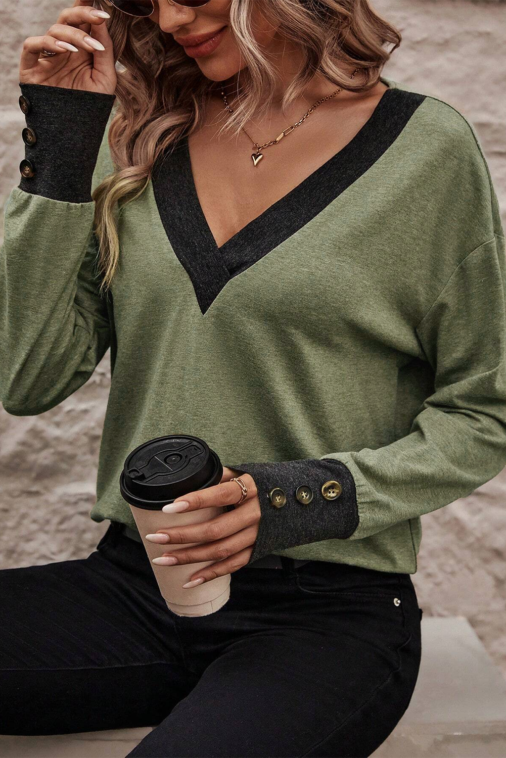 Moss Green Contrast V Neck Button Cuffed Long Sleeve Top