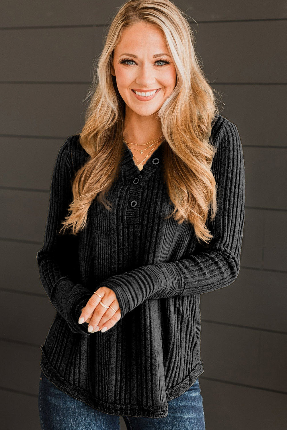 Black V Neck Buttoned Ribbed Knit Top