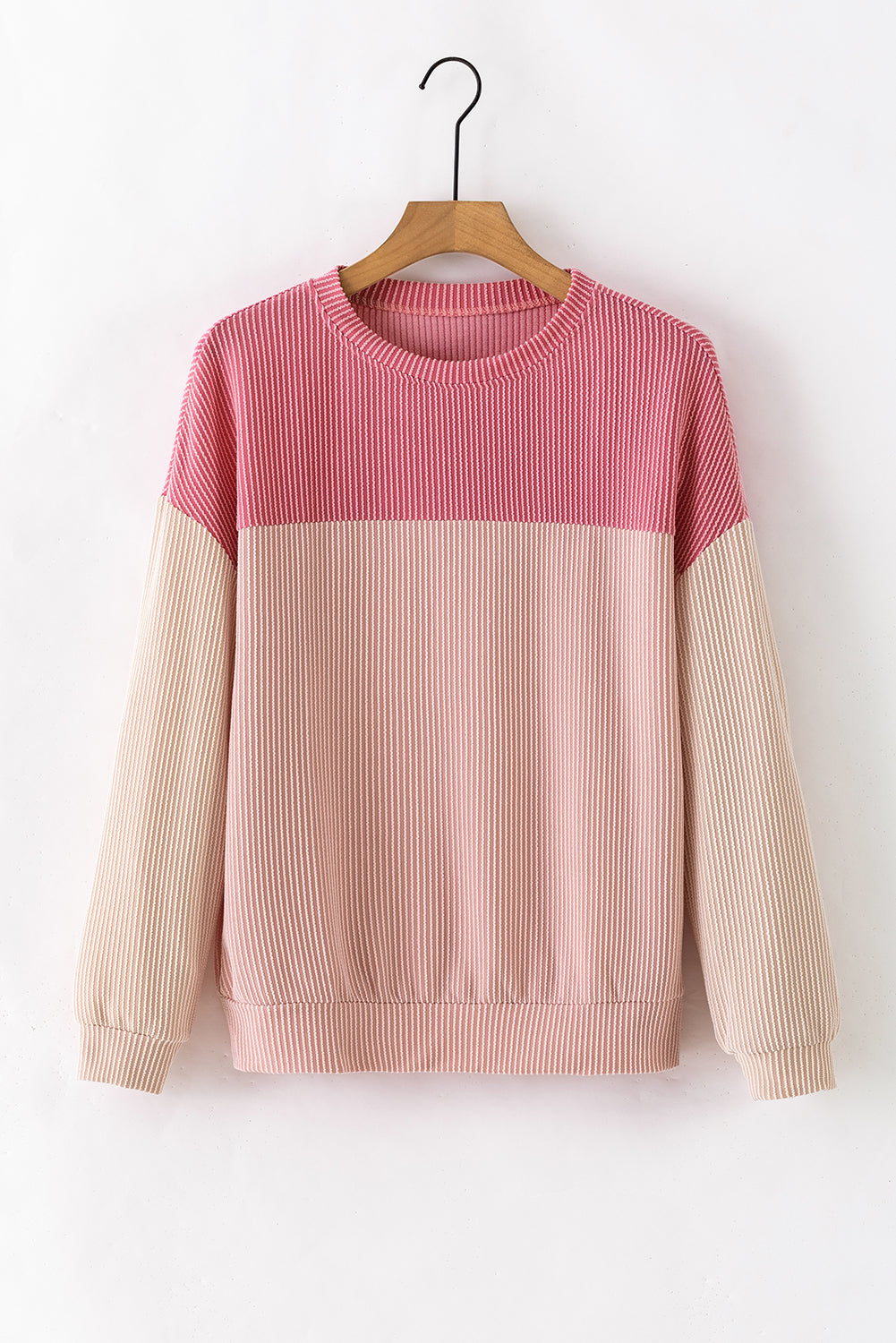 Pink Color Block Long Sleeve Ribbed Loose Top