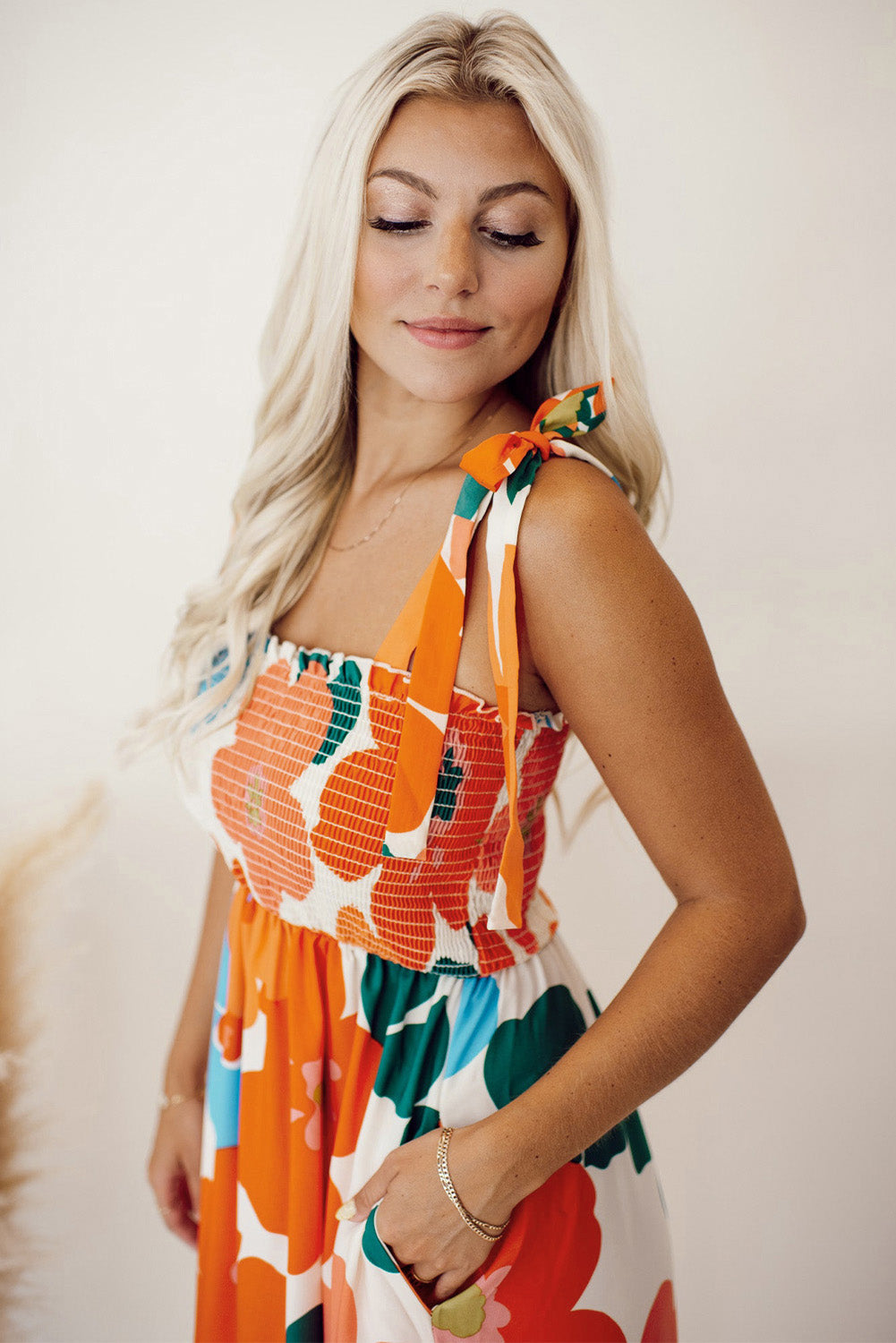 Orange Floral Self Tied Straps Smocked Bust Maxi Dress