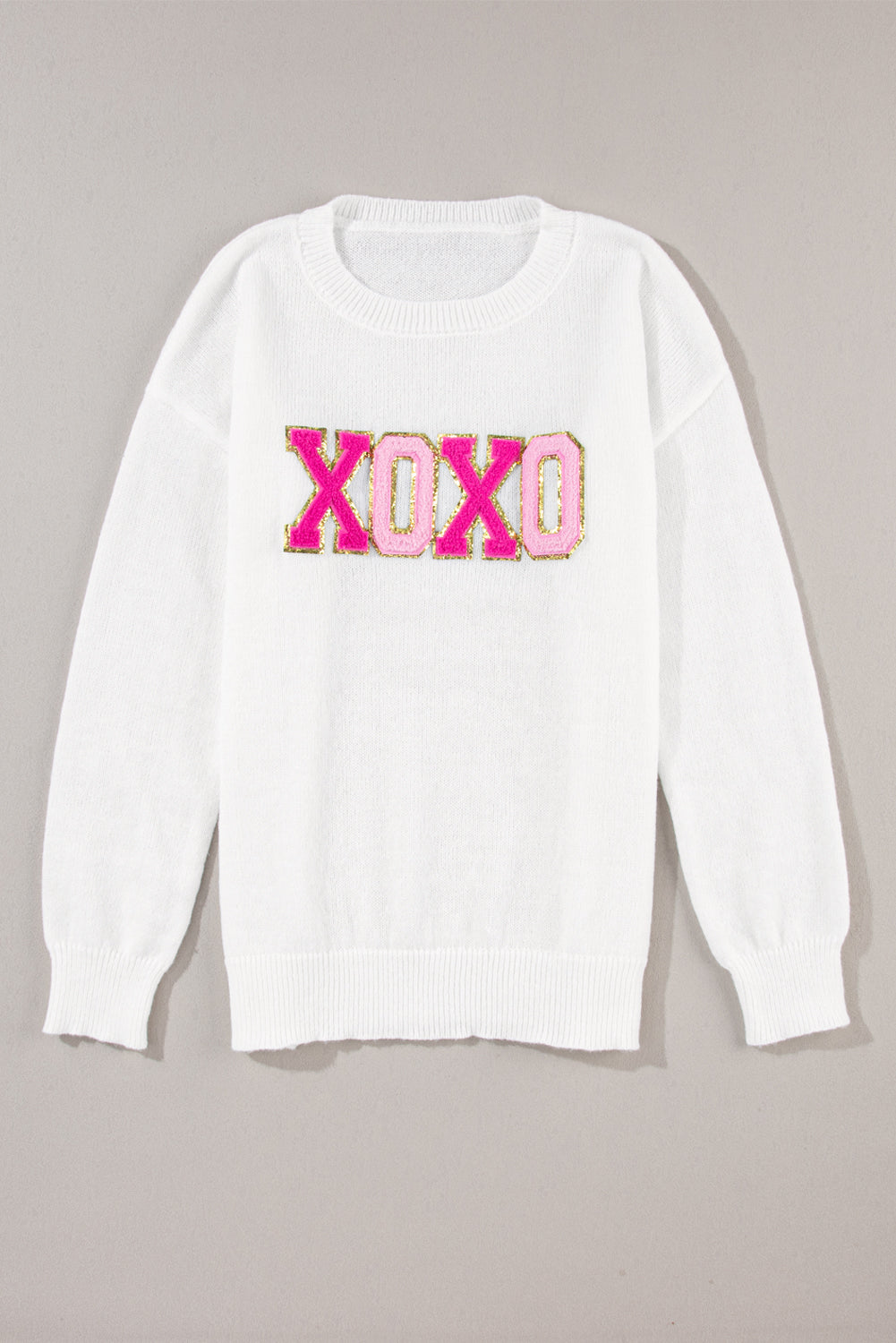 White XOXO Glitter Print Round Neck Casual Sweater