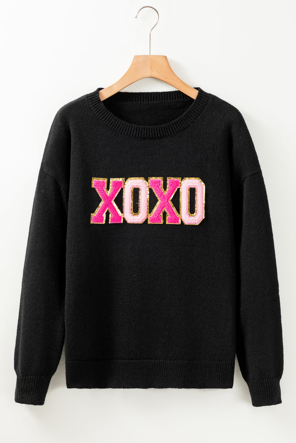 Black XOXO Glitter Print Round Neck Casual Sweater