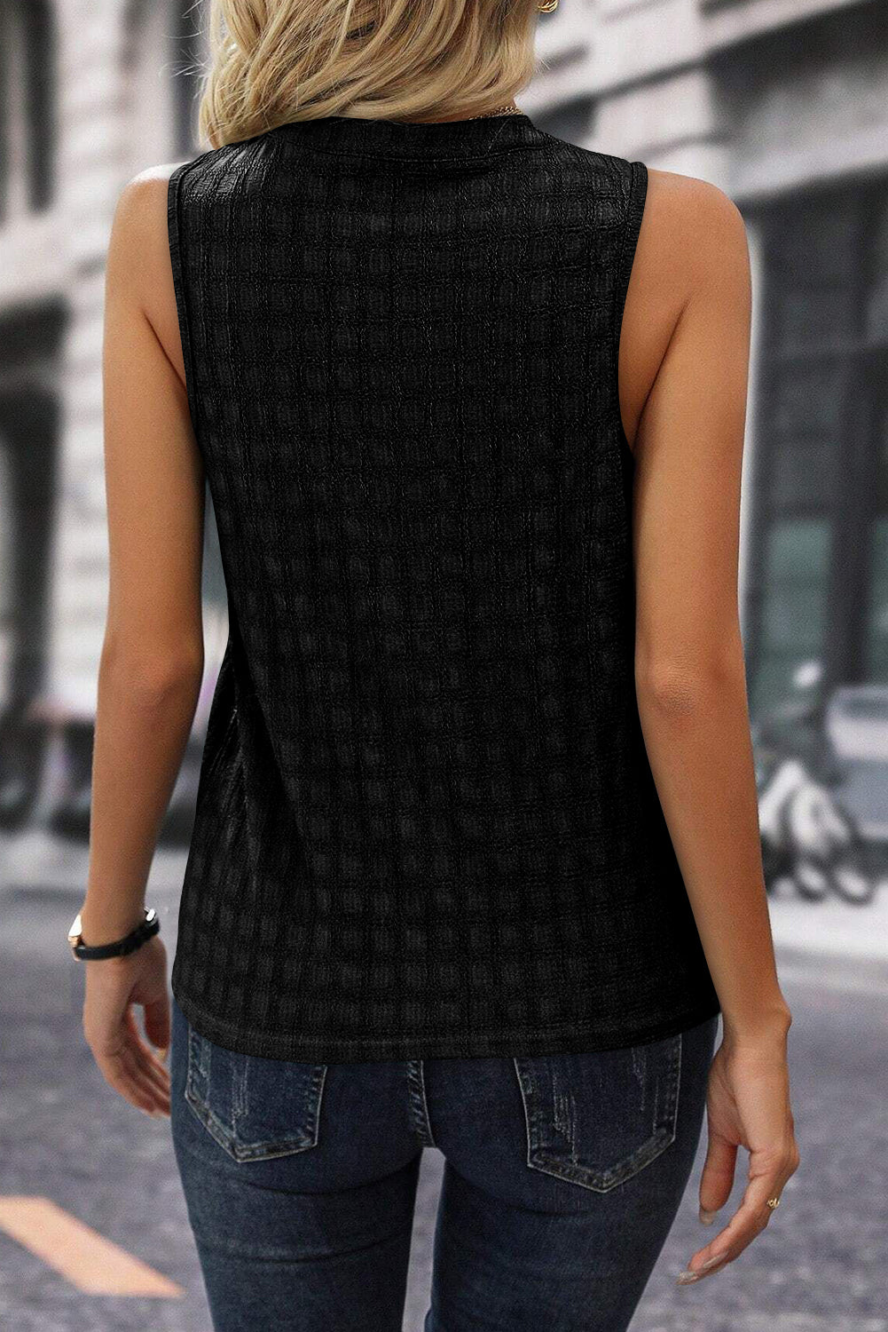 Black Lattice Textured Split Neck Tank Top