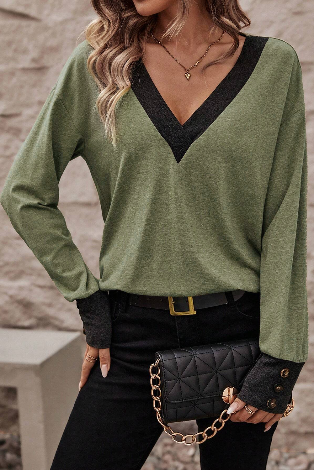 Moss Green Contrast V Neck Button Cuffed Long Sleeve Top