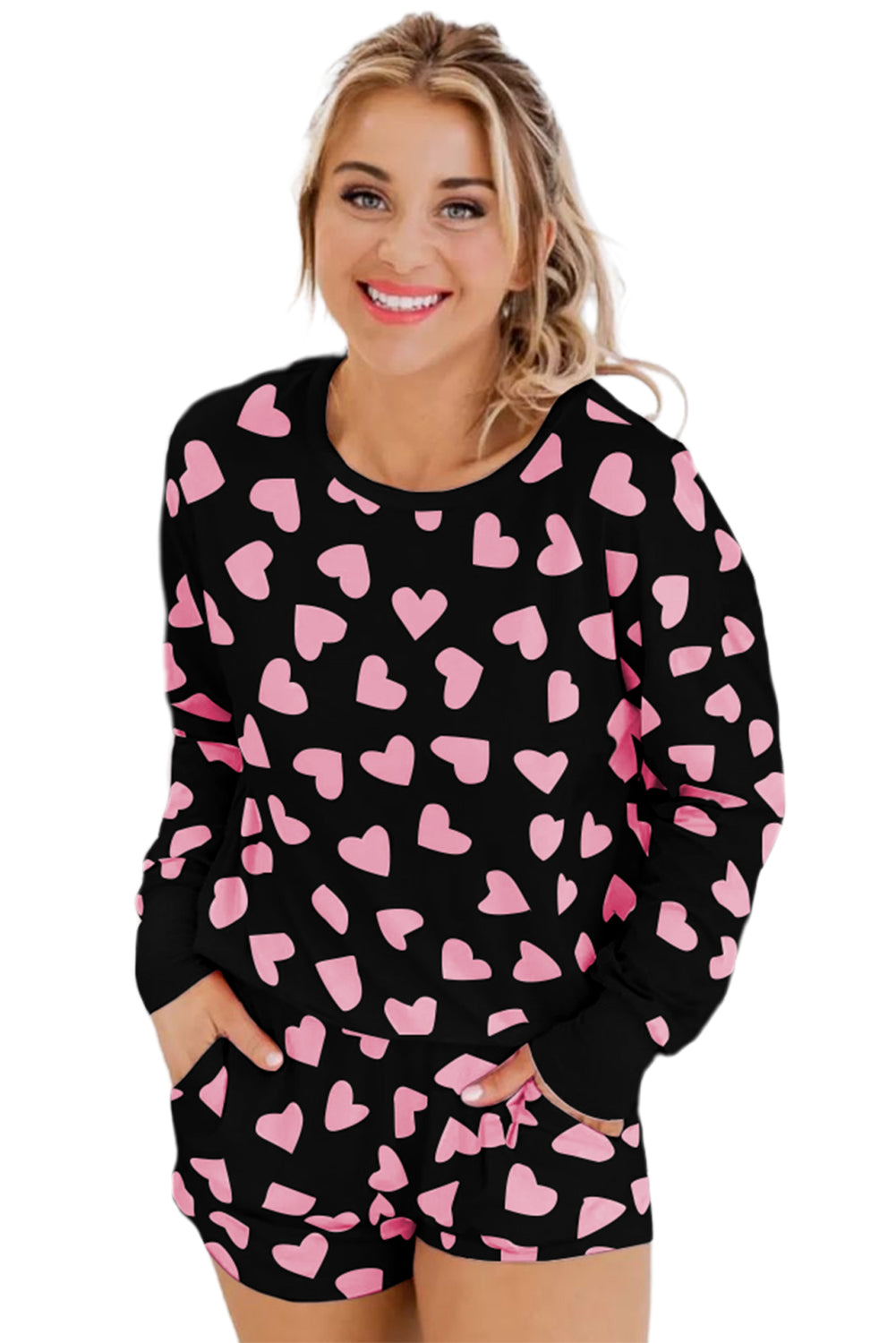 Black Valentine Heart Shape Print Long Sleeve Top Shorts Lounge Set