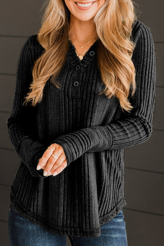 Black V Neck Buttoned Ribbed Knit Top