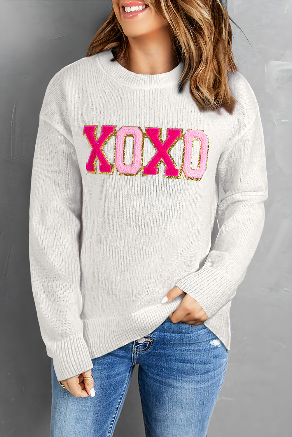 White XOXO Glitter Print Round Neck Casual Sweater