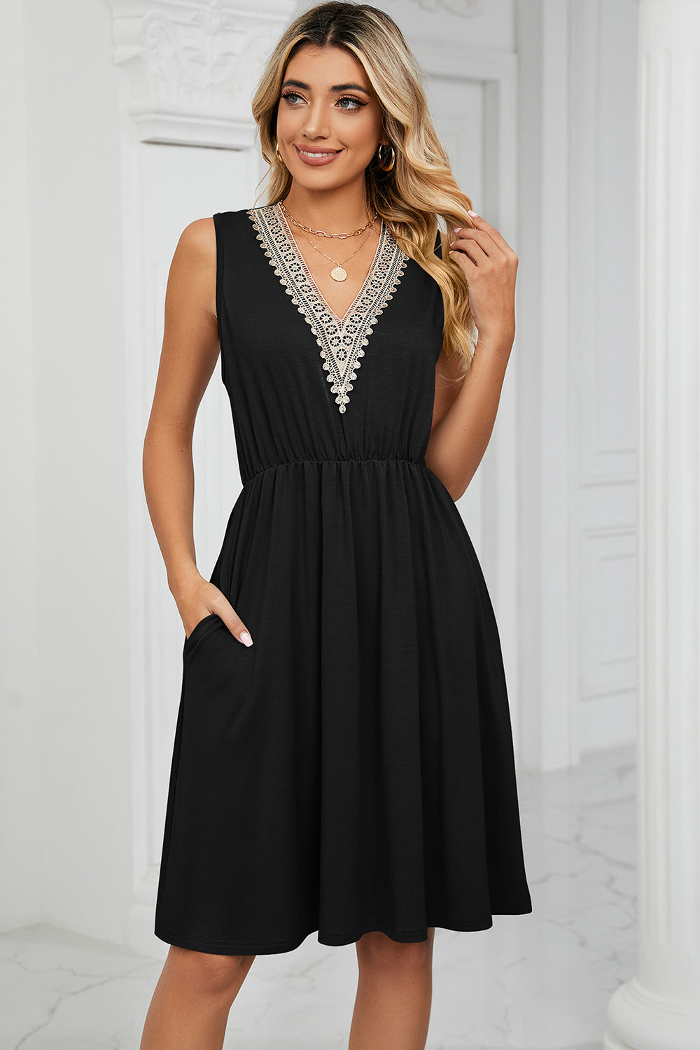 Pocketed V-Neck Wide Strap Dress